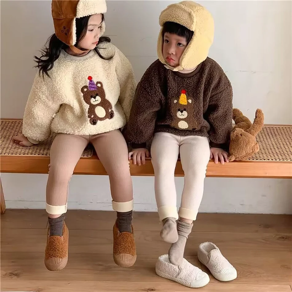 1-8Y Children Plush Solid Color Comfortable Soft Pants Everyday Versatile Cartoon Prints Unisex Autumn and Winter Kids Pants