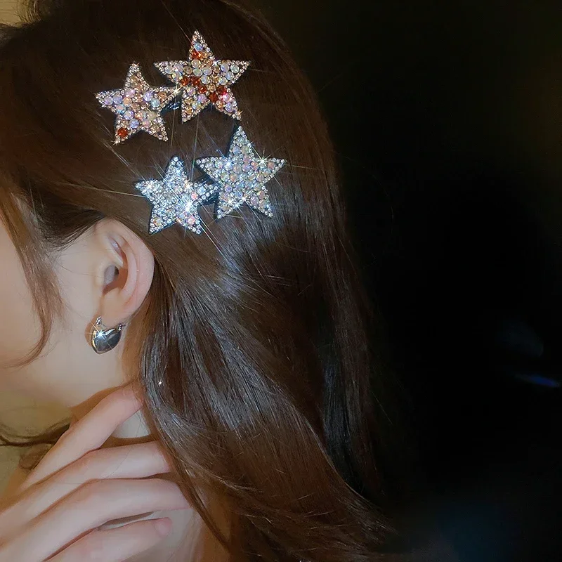 1/2/3 Pcs Double Stars Shiny Rhinestones Hair Clips for Women Sweet Temperament Versatile Luxury Trendy Dainty Accessories Sets