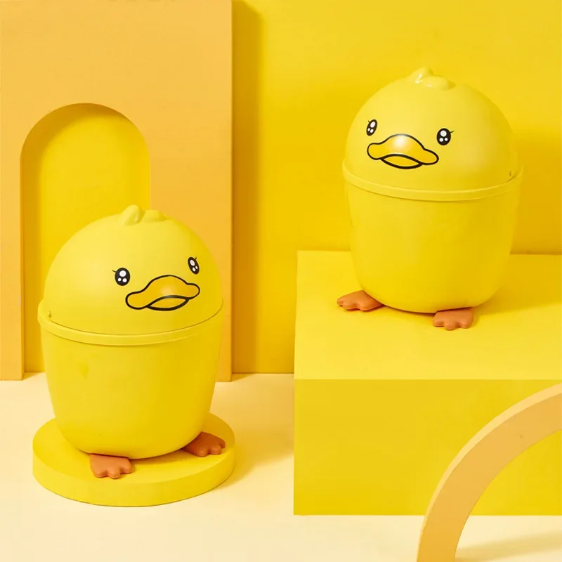 Cartoon Cute Little Yellow Duck Desktop Decoration Mini Trash Can Office Shake Lid Trash Can Paper Basket Plastic Storage Bin