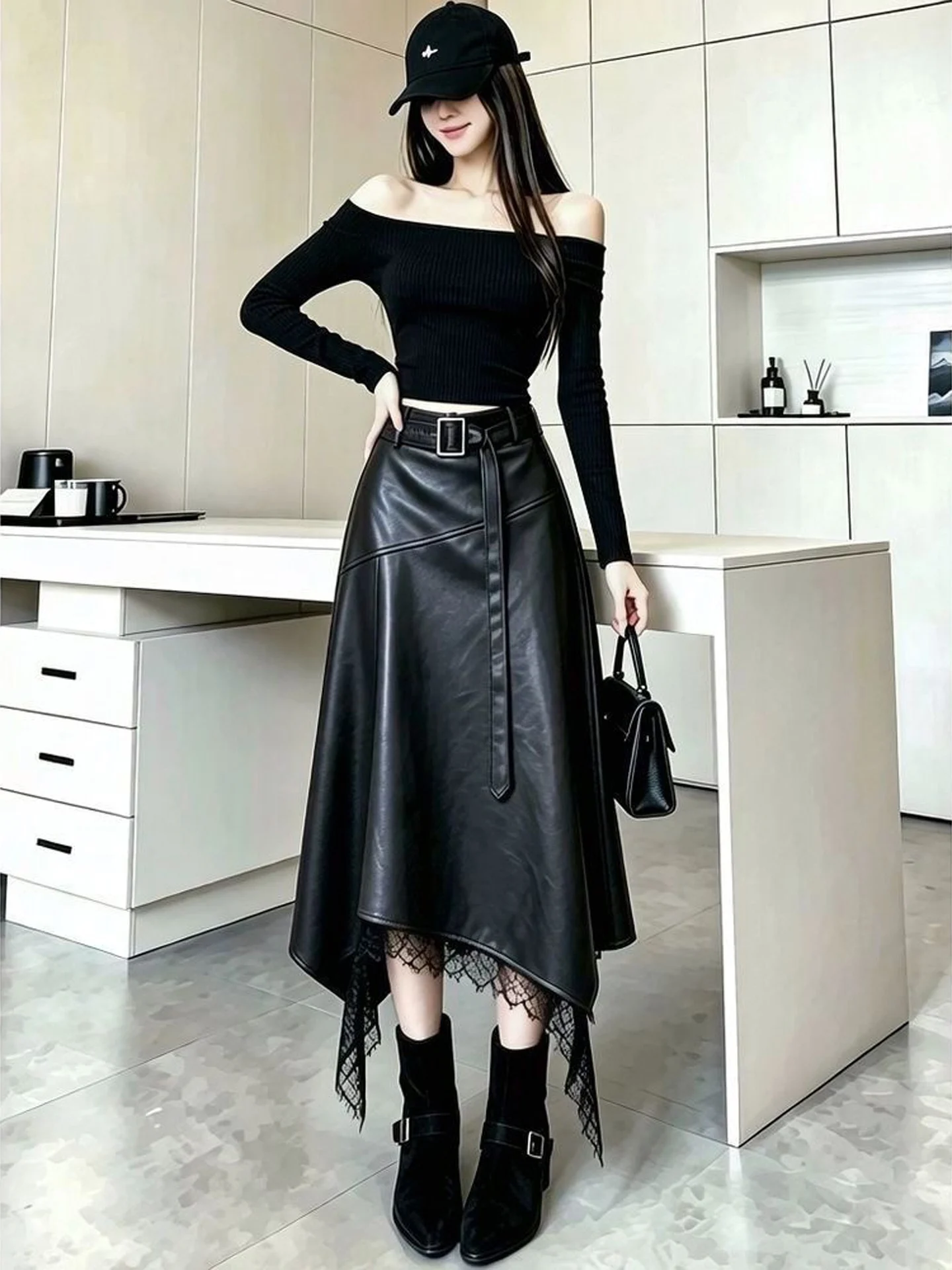 High Waist A-Line Midi Skirt with Lace Splicing Design American Style PU Leather Half-length Women's Fashionable Vintage Skirt