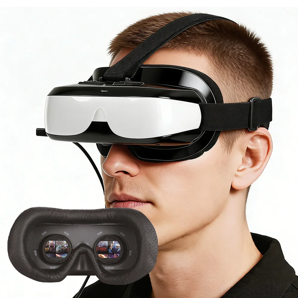 Écran monté sur la tête avec entrée HDMI et batterie intégrée, permettant la connexion à divers appareils.