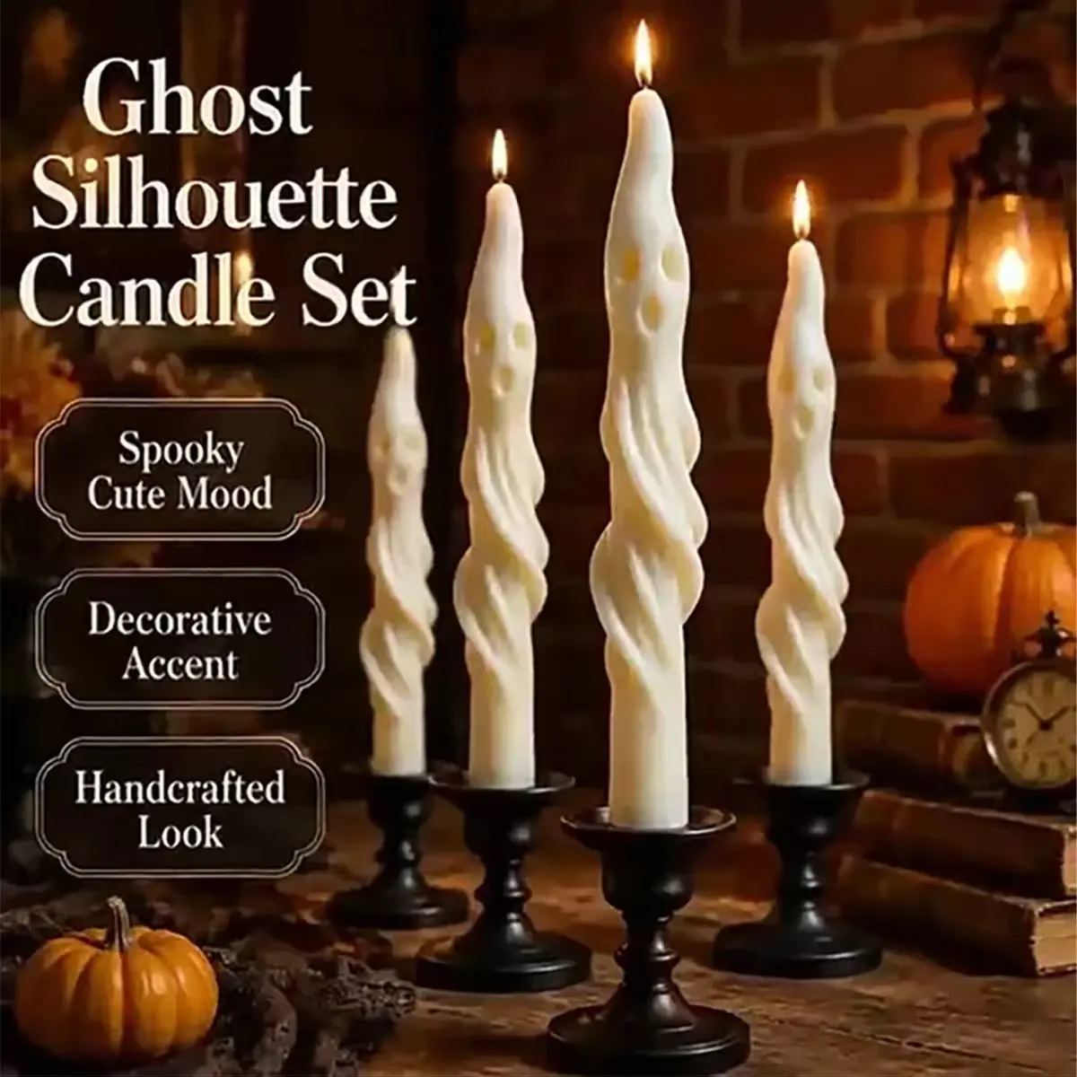 4 Halloween Long Ghost Pillar Candles, Fun and Creative Atmosphere Decoration, White Mummy-Shaped Handmade Soy Wax Candles, Suitable for Halloween Parties, Home Decoration, Holiday Gifts, Scented Candles