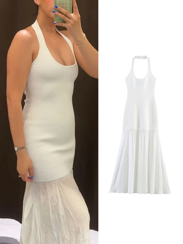 TFMLN Damen Trendiges Patchwork Langes Strickkleid Ärmellos Neue Mode 2026 Sommer Elegantes Strandkleid Einfarbig Rückenfreies Kleid