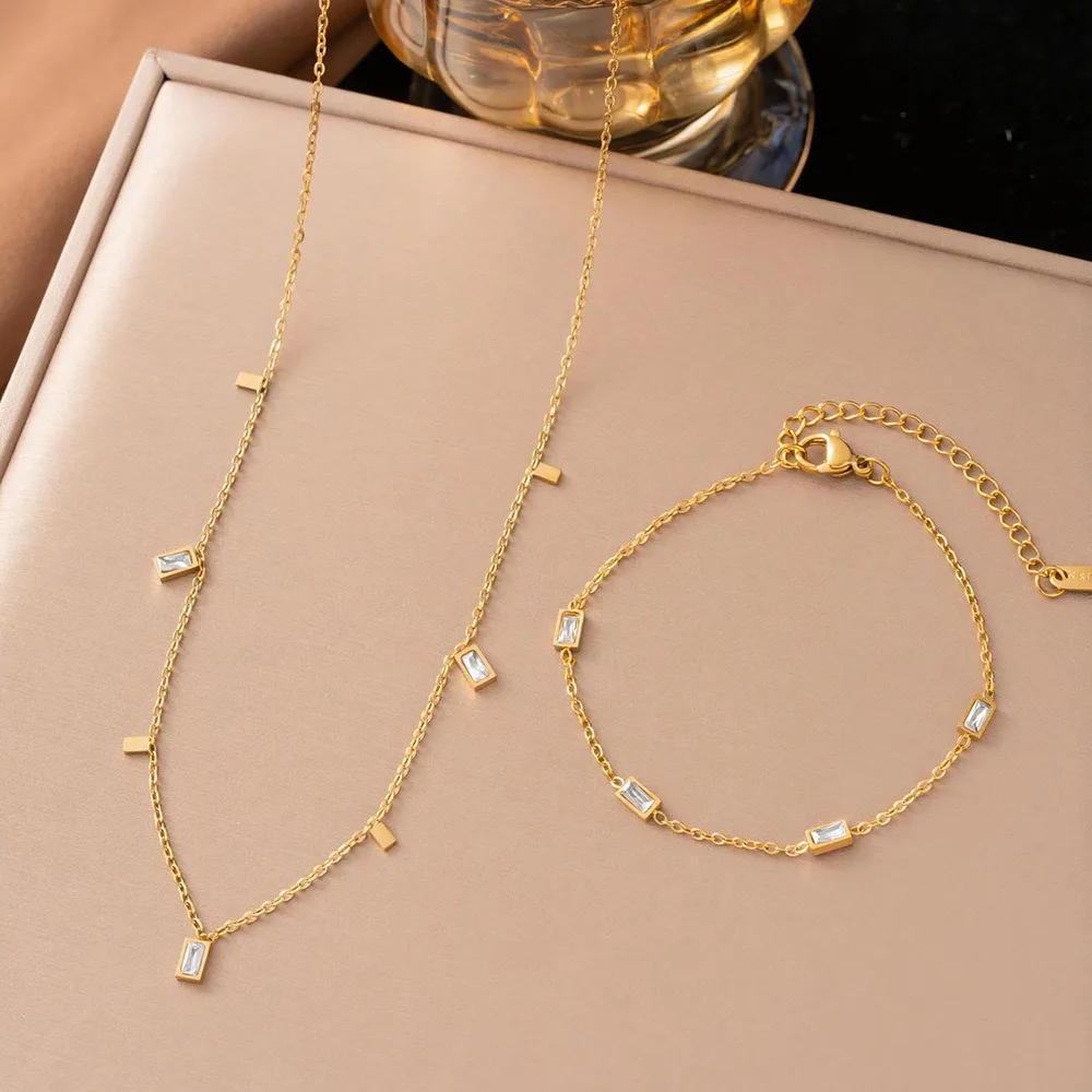 Simple Luxury Gold Tone Stainless Steel Geometric Zircon Bar Charm Necklace Bracelet Set for Women Fashion Jewelry Sets Gifts