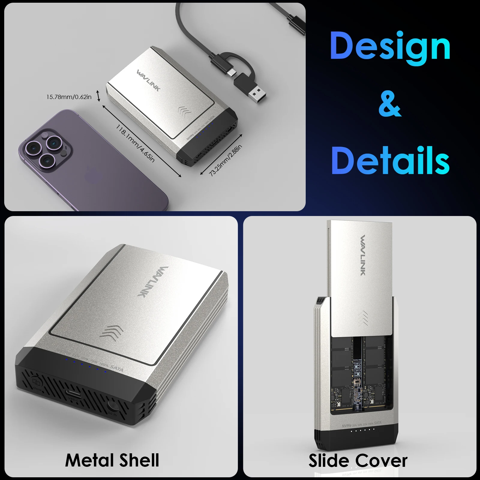 WAVLINK Caja de discos duros USB-C M.2 SSD Duplicador de doble bahía Compatible con NVMe Clon sin conexión con un clic USB3.2 Gen 2 4TBx2