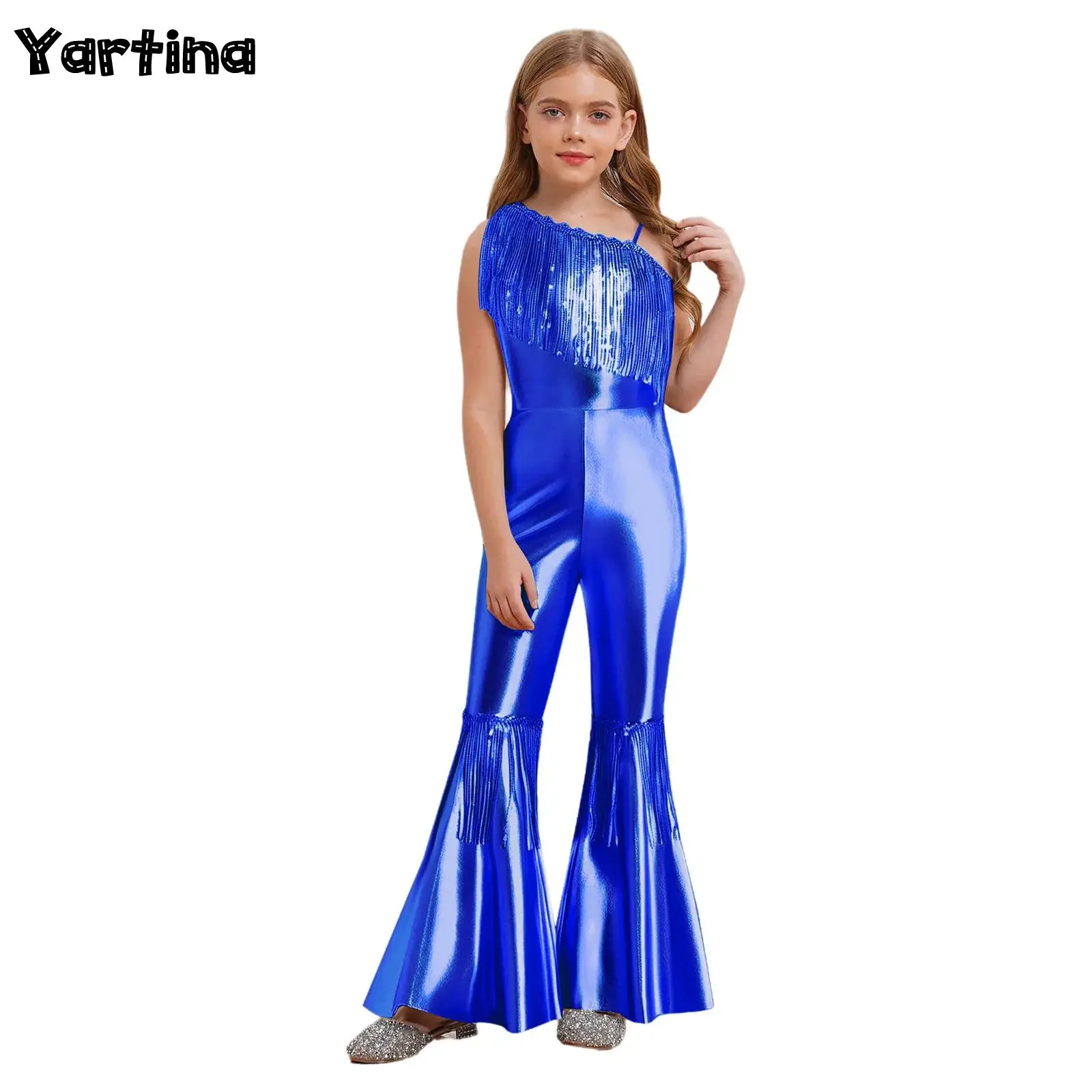 어린이 소녀 반짝이는 스팽글 히피 발레 댄스 유니타드 공연 의상 태슬 70년대 디스코 벨 바텀 플레어드 점프수트