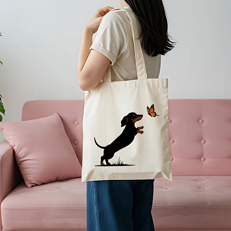 1pc, Large Capacity Canvas Tote Bag with Cute Dachshund And Butterfly Design - Durable Shoulder Bag for Shopping, Daily Use, Out