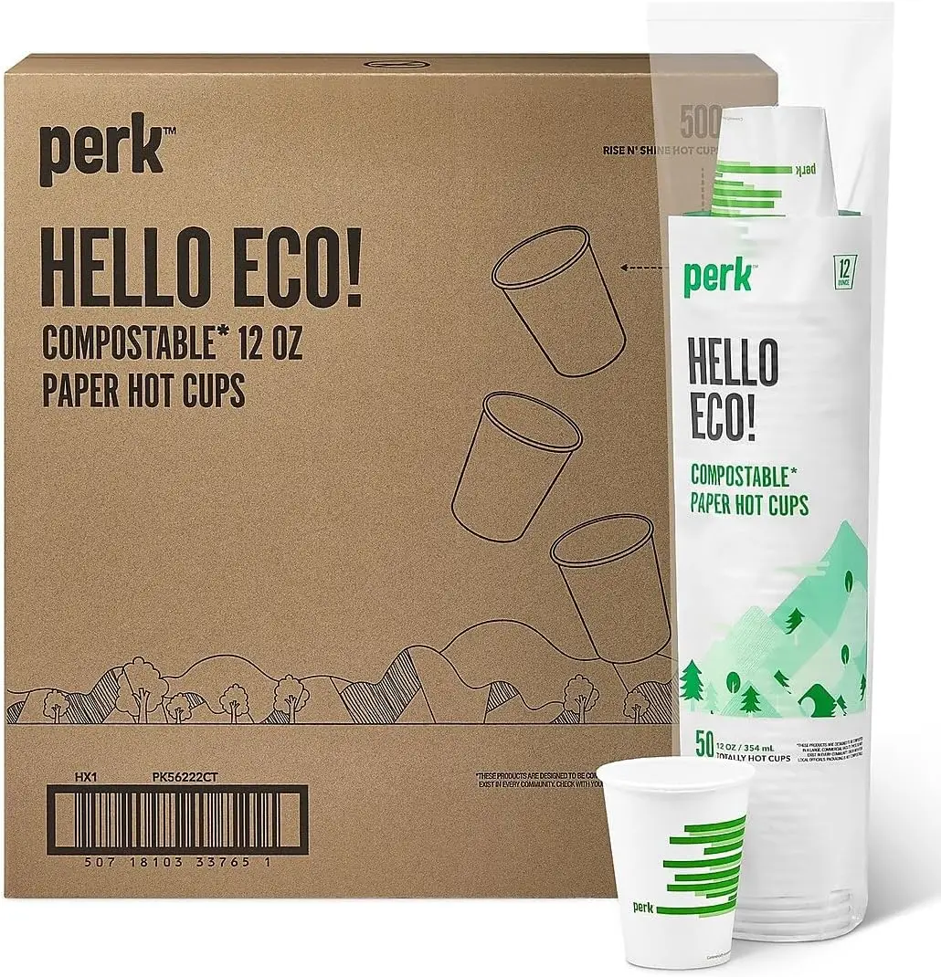

Eco 12 Oz Compostable Paper Hot Cups, 500 Count Bulk Disposable Coffee Cups for Hot Beverages, White/Green