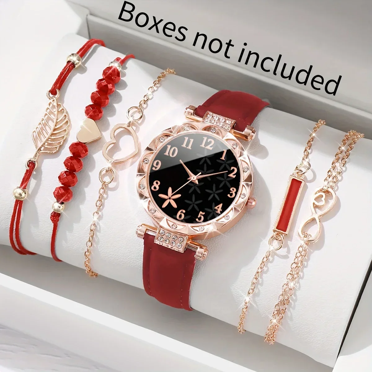 6 Pcs Red Quartz Watches PU Leather Strap Zinc Alloy Pointer And Bracelet Jewelry For Women Not Contain Watch Box