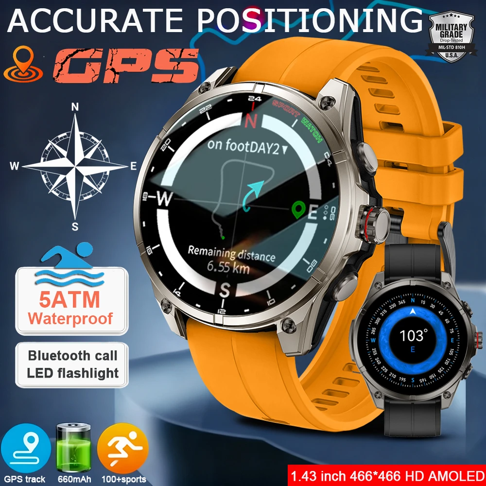 

2026 Smartwatch Men GPS trackr 5ATM Flashlight 1.43" HD AMOLED Compass Display Screen Bluetooth Call Fitness Sport Smart Watch