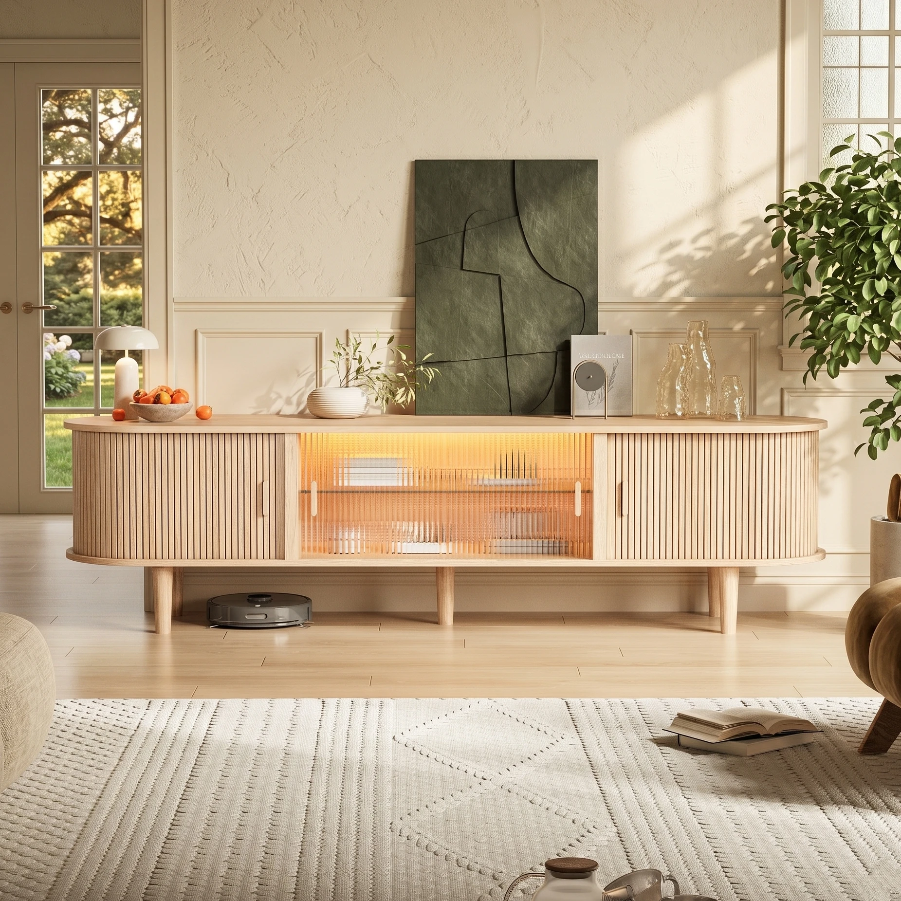 

70" TV Stand with RGB LED Lights, Mid Century Modern Acrylic Sliding Doors & Ample Storage, Tall Legs for Living Room Entertainm