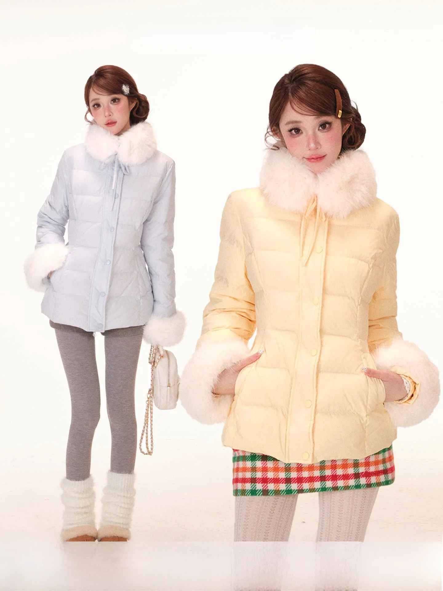 

Nordic First Snow 90 White Du down Faux Fur Cuffed Sve Detachable Winter Coat Slim Fit Long Sve Warm Thiened Zipper