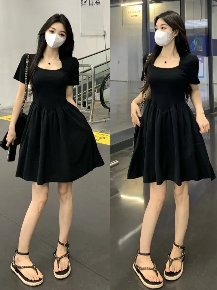 

plus Size Square Collar Splice Slimming Dress Summer 2026 High Waist Black A-Line Short Skirt for plus Size Women Casual Wear