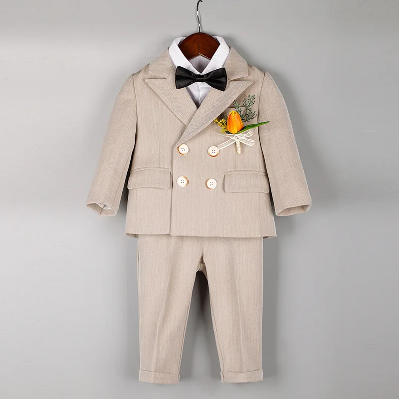 Child Fomal Dress Suit Set British Style Baby Boys Wedding Birthday Party Performance Costume Kids Blazer Pants Bowtie Clothes