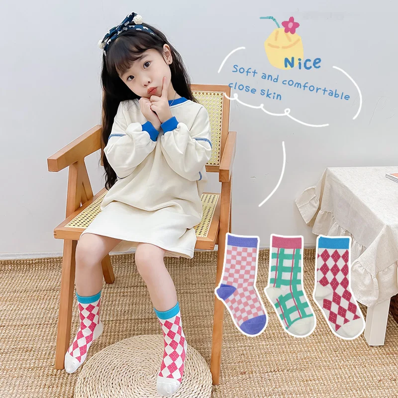 1-9 Years New Children's Socks Black White Checkerboard Kids Socks Breathable Soft Cotton Boys and Girls Sports Socks Crew Sock