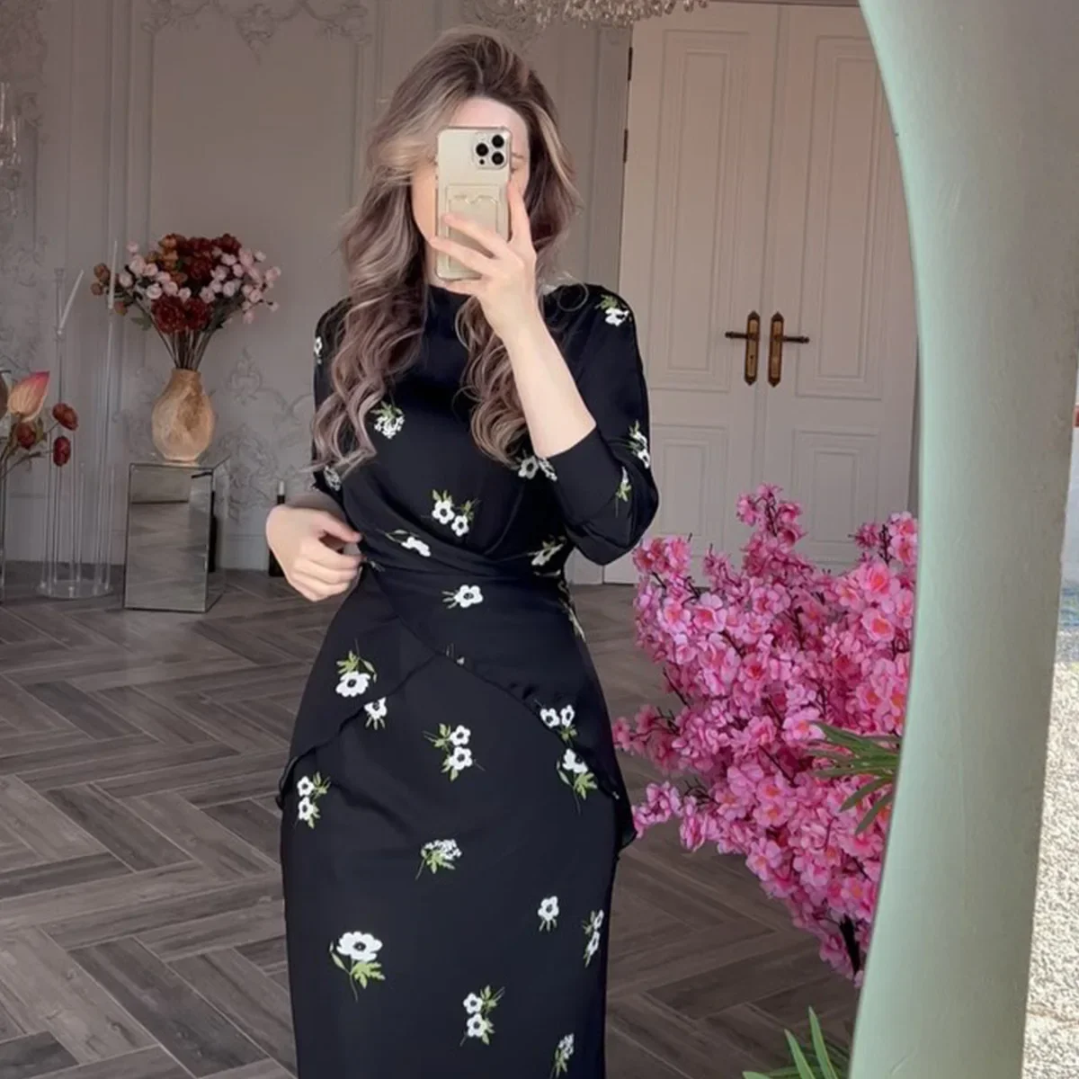 Women Dress Long Dresses High Waist Print Floral Sexy Round Neck Full Sleeve Casual Elegant Splice Vestidos Summer Prom Party