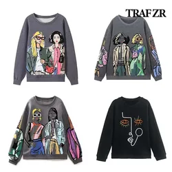 TRAF ZR Women Sweatshirts 2024 New Fashion cotton Plush Girls Print Casual Sweatshirts Female O Neck Hoodies Chic Pullovers Tops