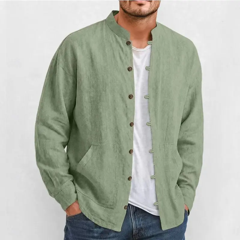 New Casual Solid Color Long Sleeve Shirt Cotton Lapel Buckle Long Sleeve Beach Shirt Top