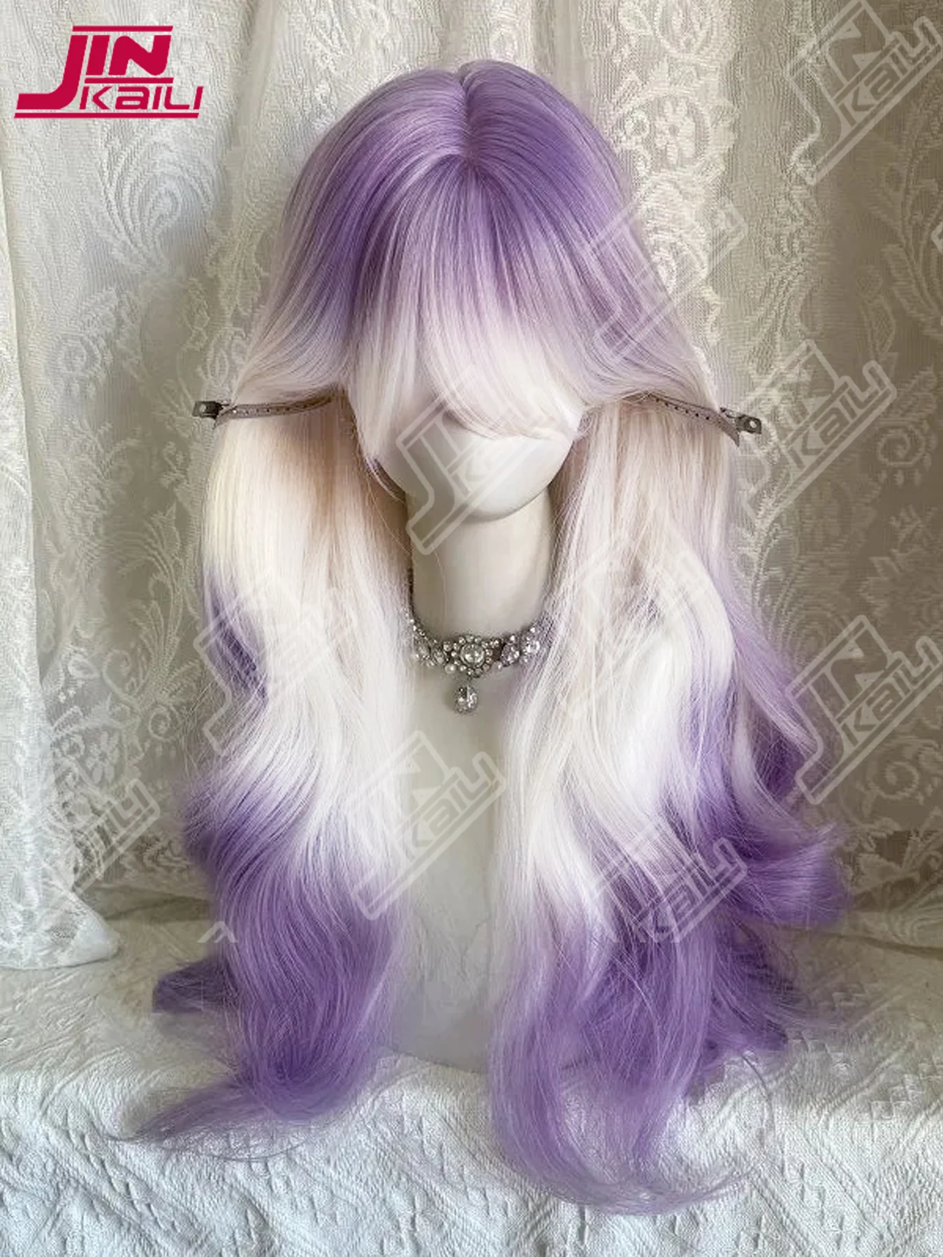 JKL الاصطناعية النساء لوليتا متموج مجعد الحليب الأبيض التدرج البنفسجي اللون طويل مجعد خصلات الشعر المستعار مع الانفجارات شعر مستعار تأثيري #4