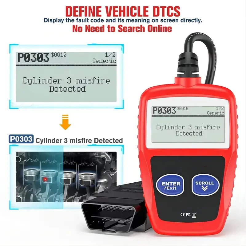【2026 New】Mini OBD2 Scanner Code Reader 2 Buttons Car Check Engine Light Eraser DTC Definition On Screen No Need Search Online