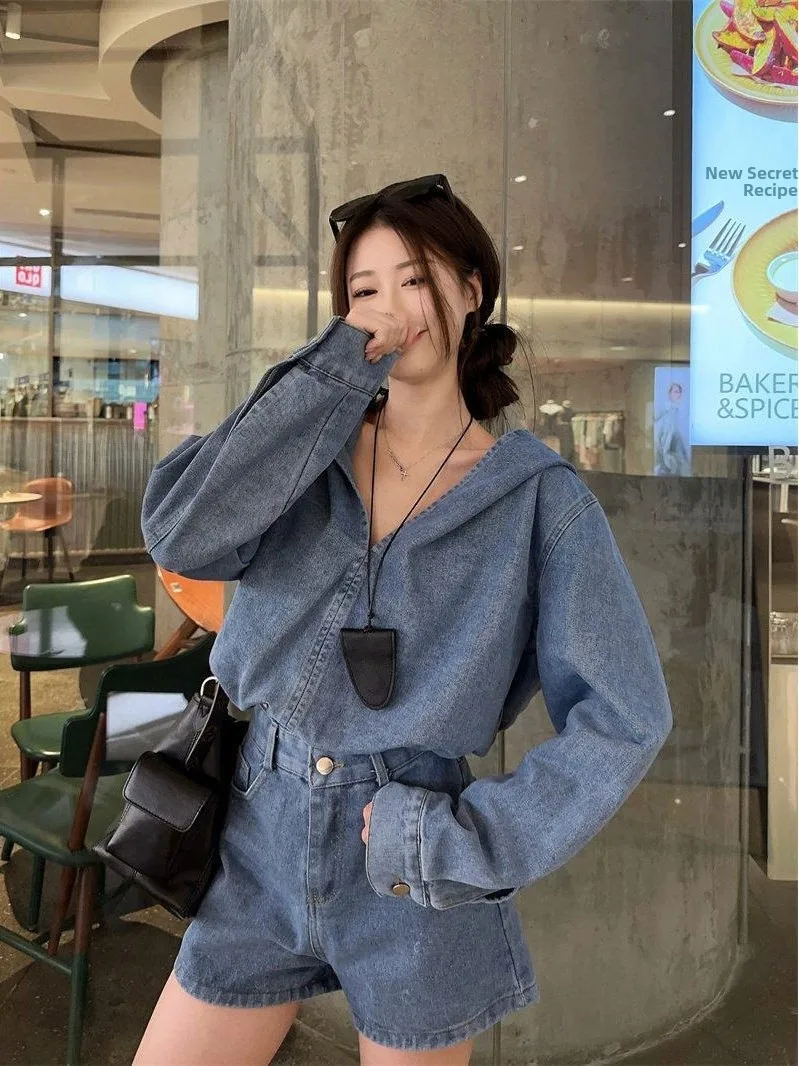

plus Size 300 Pounds Vintage Hong Kong Style Denim Set Women's Overhead Shirt A-Line Shorts Two-Piece Spring Fashion Ensemble