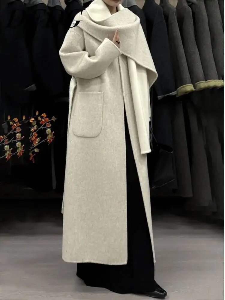 

DFDG Woman's Cowl-neck Pure Color Versatile Patchwork Two-color Design 2025 Spring New Style Loose High-quality Long Coat