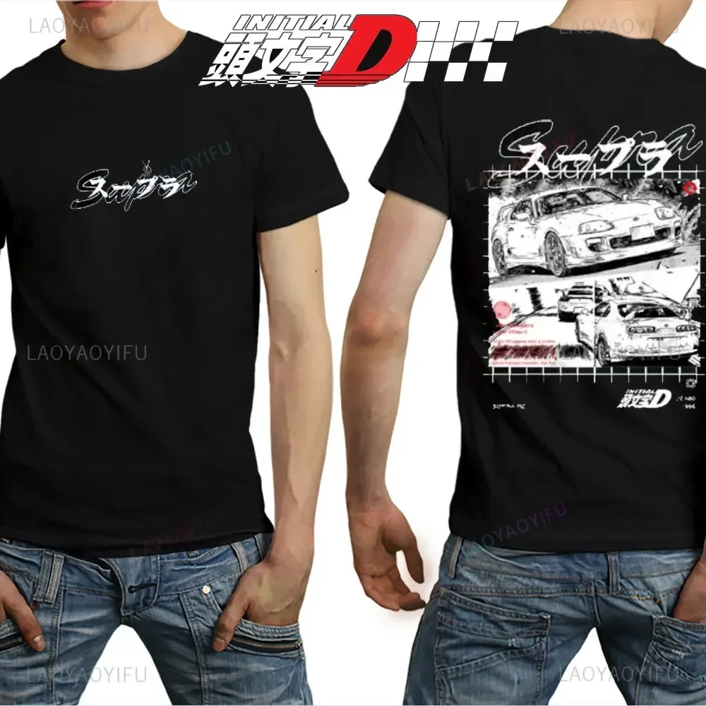 Anime Drift AE86 Initial D Double-Sided 100% Cotton Man Tshirt O Neck Short Sleeve Casual Unisex R34 Skyline GTR JDM Manga Tops