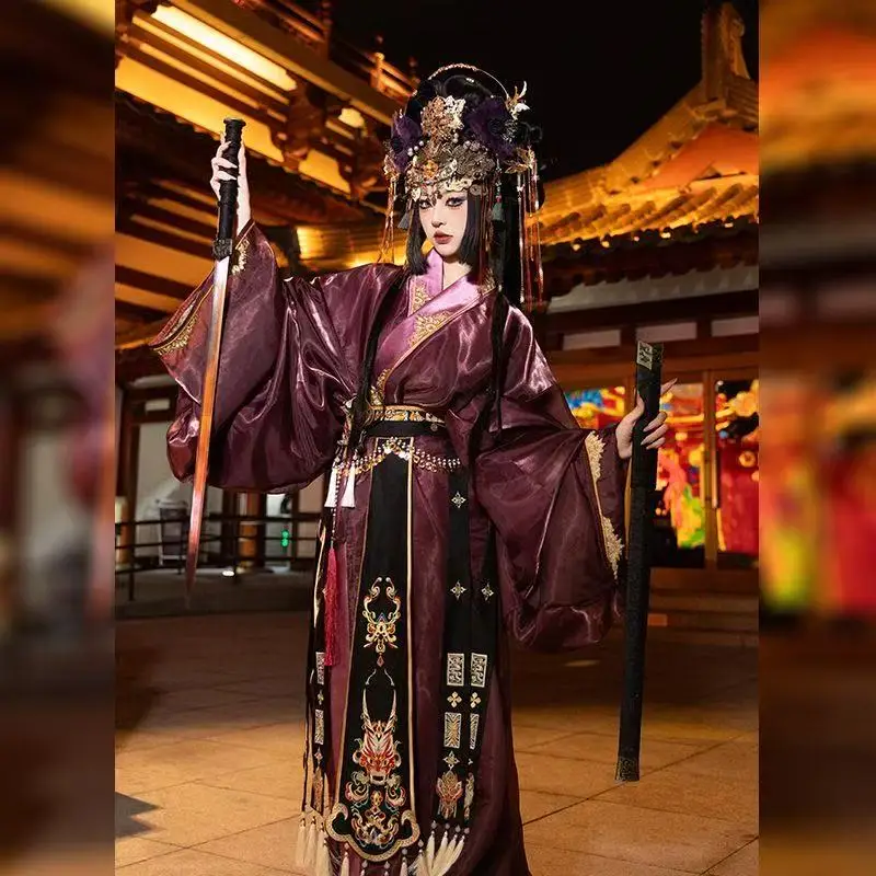 

Винтажный фиолетово-золотой женский костюм Ханьфу в стиле династии Воинов, традиционная китайская одежда, костюм для косплея на Хэллоуин, костюмы Хань