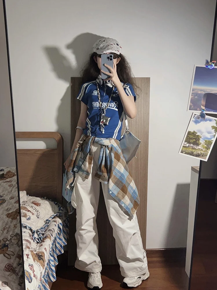 เสื้อยืดสไตล์อเมริกันย้อนยุค คอปกแบบสเวตเชิ้ต ลายทาง สำหรับผู้หญิง ใส่สบายช่วงฤดูร้อน ทรงสลิม หรือแบบยาว