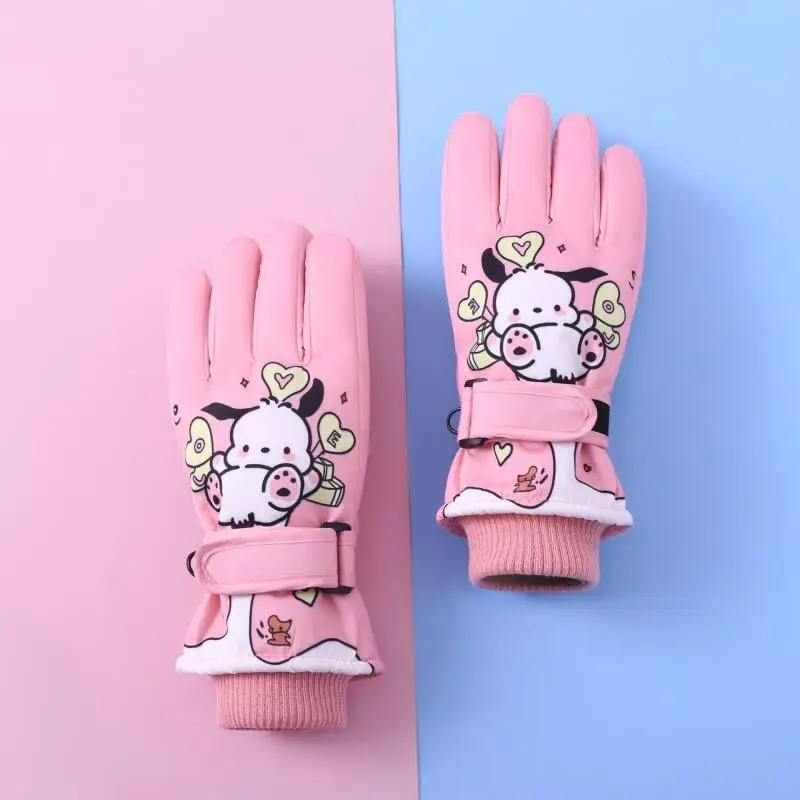 Kawaii Ski Gloves Kids Cartoon Pochacco Winter Warm Touch Screen Gloves Thicken Outdoor Cycling Windproof Anti-Slip Girls Gift