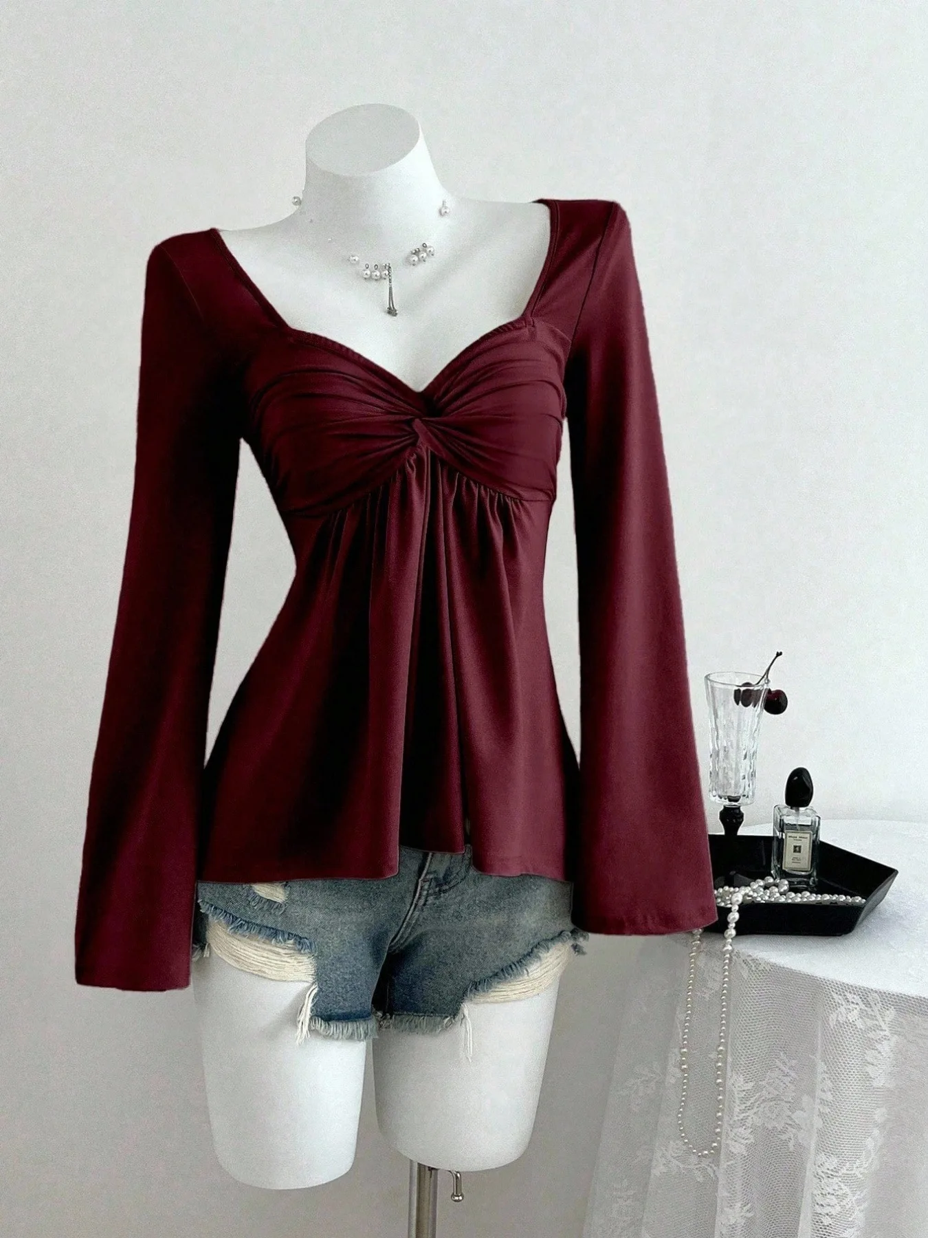 Extraordinarilystylish Top V-Neck Longsleeve Figure-Flattering Top Casual Solid Knit Top Ruched Figure-Flattering Chic Tee