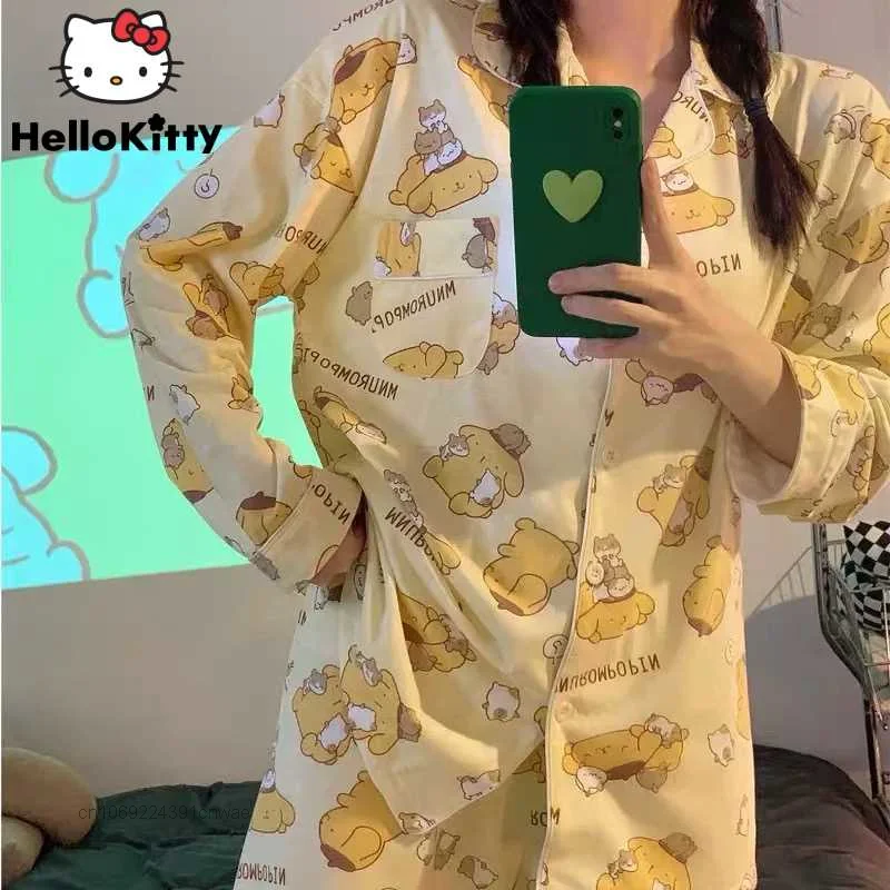 Sanrio Kuromi benim melodi pijama Y2k bahar sonbahar Kawaii Cinnamoroll Pom Pom Purin karikatür uzun kollu ev giysileri takım kadınlar