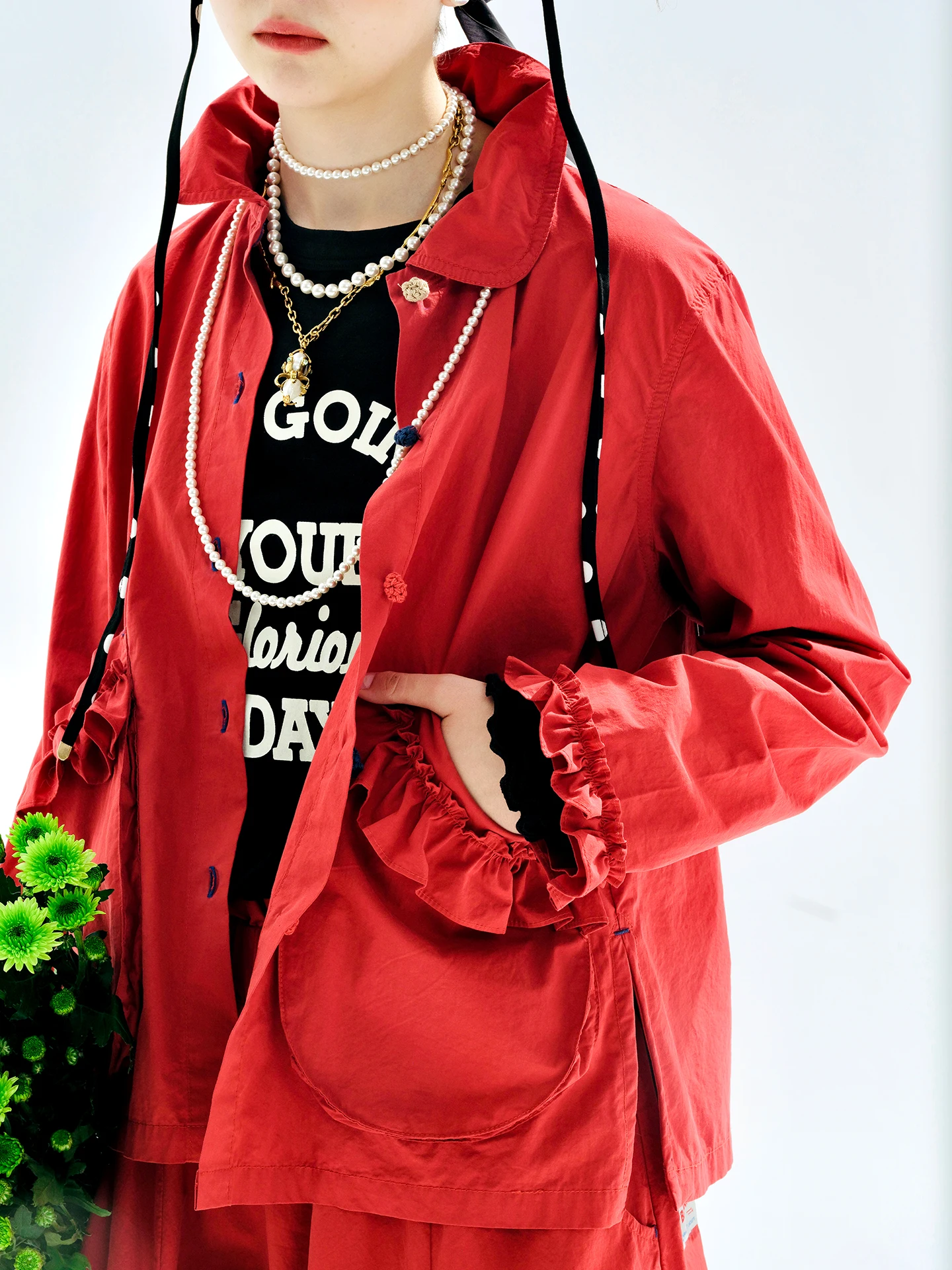 

Women's Red Peter Pan Collar Jacket with Ruffled Pockets & Cuffs Colorful Button Down Coat 255143