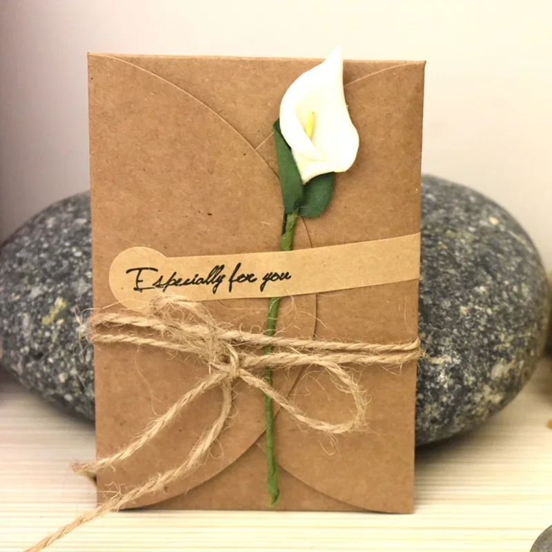 5/10pcs Handmade Dry Flower DIY Kraft Paper Invitation Greeting Card Inner Paper With Ribbon & Envelope & Seals Wedding Favors