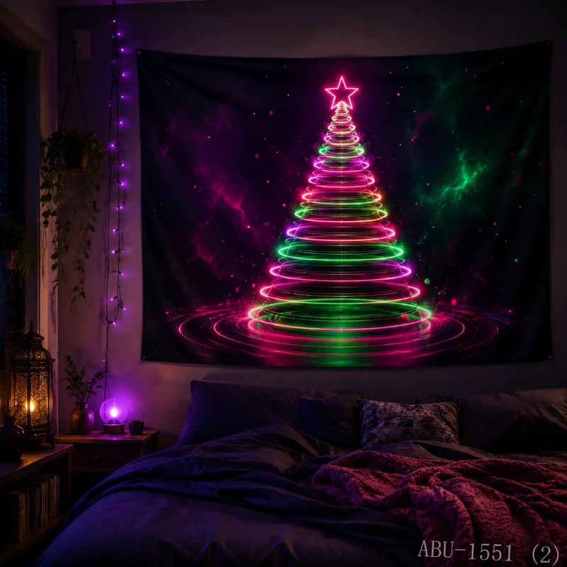 VIKAMA Gradient Christmas Tree Nebula Gift Box Ice Crystal Christmas Tapestry Background Hanging Cloth Living Room Decoration