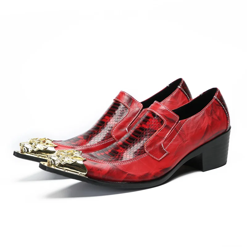 

Men Gold Red High Heel Real Leather Shoes Snake Pattern Metal Pointed Toe Luxury Party Dress Oxfords Slip On Male Shoes