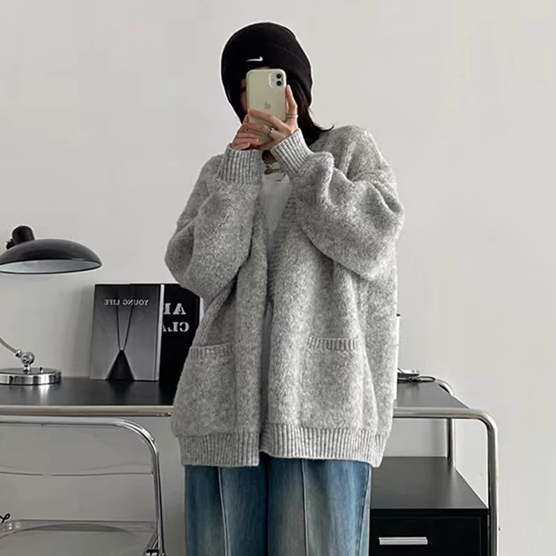 Female Gray Knitting Sweater Cardigan Harajuku Lazy Style Loose Soft Knit Cardigans Y2K Ladies All-Match Pockets Knitwear Coat