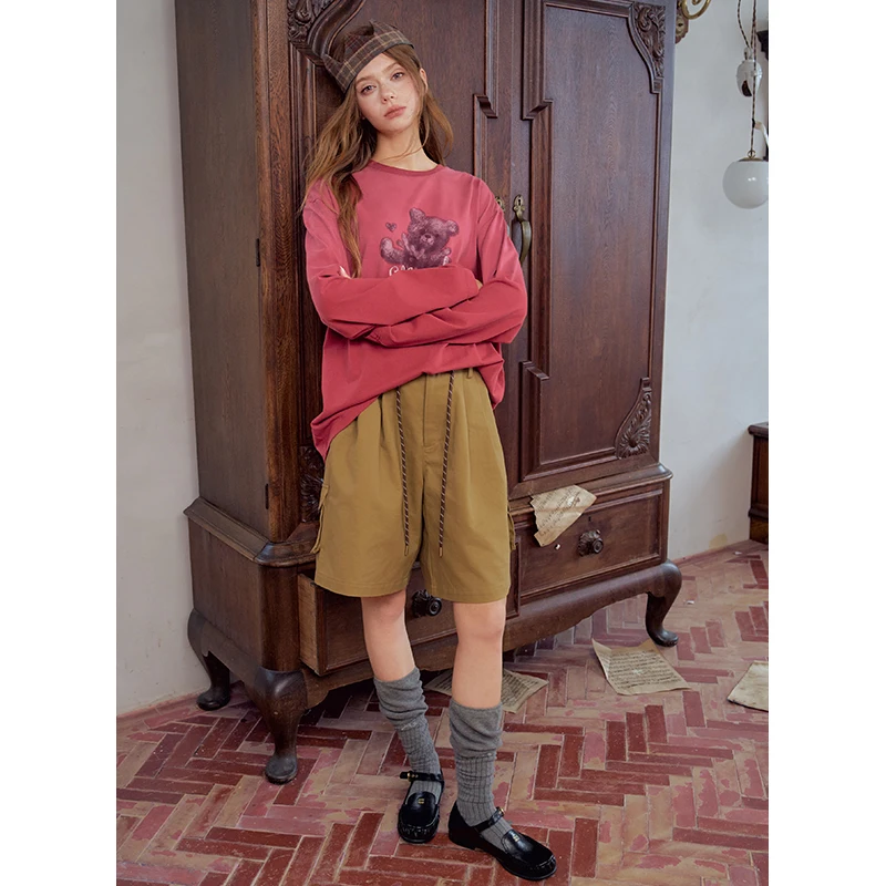 ELFSACK Women's Long Sleeve Graphic Tee with Bear Print, Casual Loose Pink Fuchsia Top for Everyday