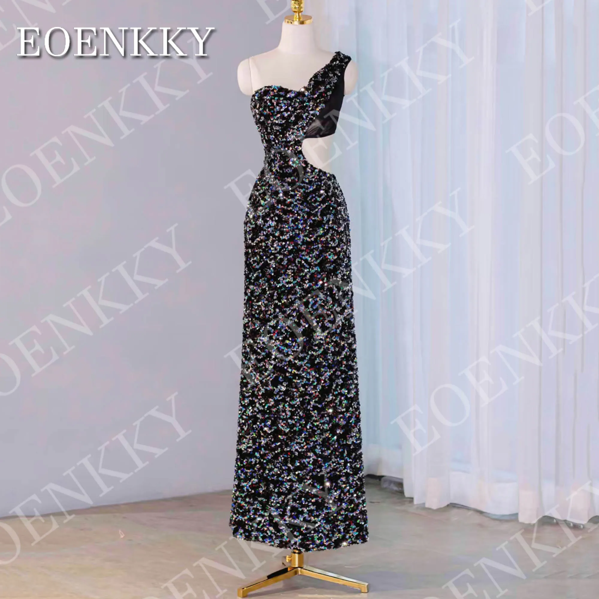 

EOENKKY Sparkly Evening Dress Sequin Mermaid Black One Shoulder Sexy Party Dresses Ankle Length Customized vestidos de festa