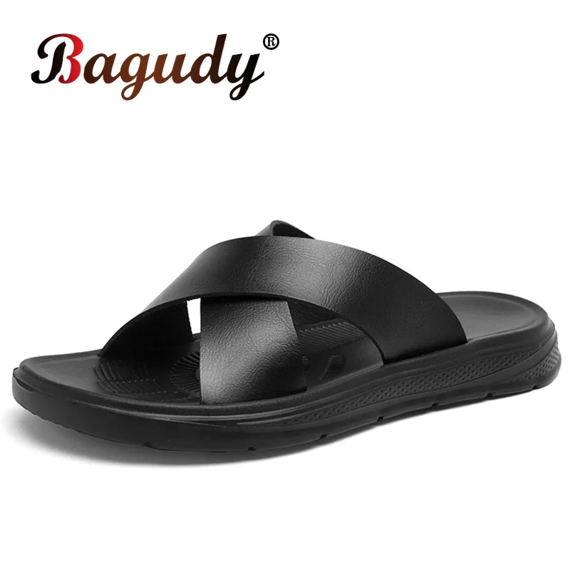 Summer Men Casual Slippers Outdoor Breathable Beach Men Shoes Fashion Non Slip Flat Vulcanized Sandals Men Black Slip-on Shoes