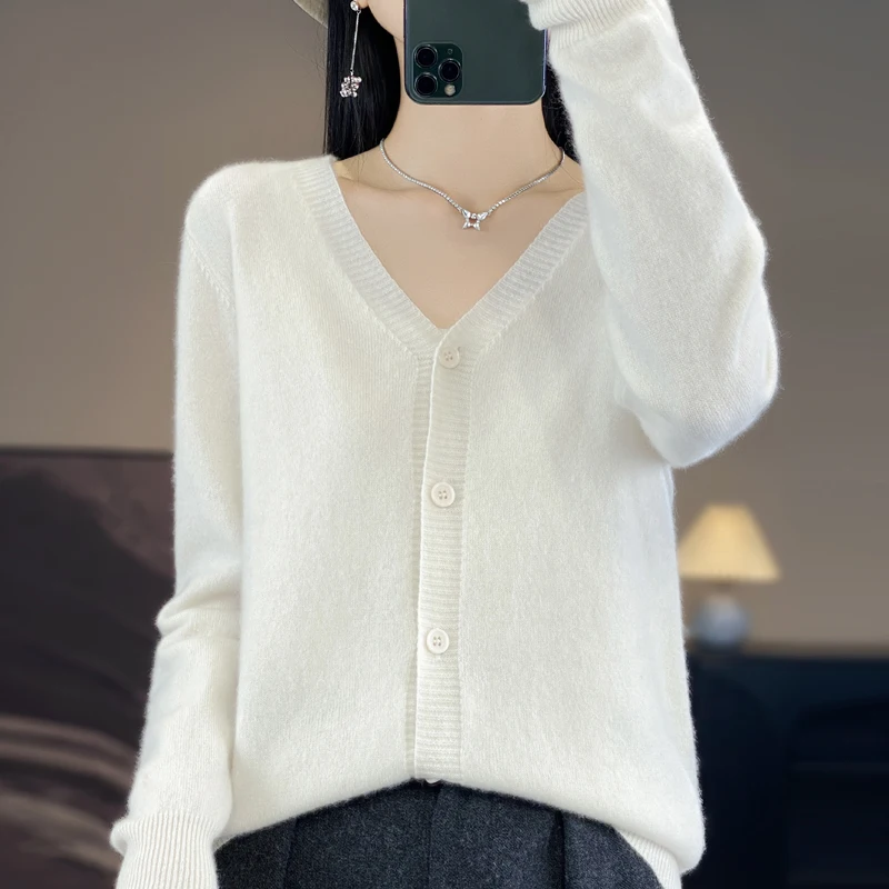 Women's Cardigan Spring/Autumn Solid Color Knitted Sweater Loose Ladies Tops Fashion V Neck Korean Style Single Breasted Blouse