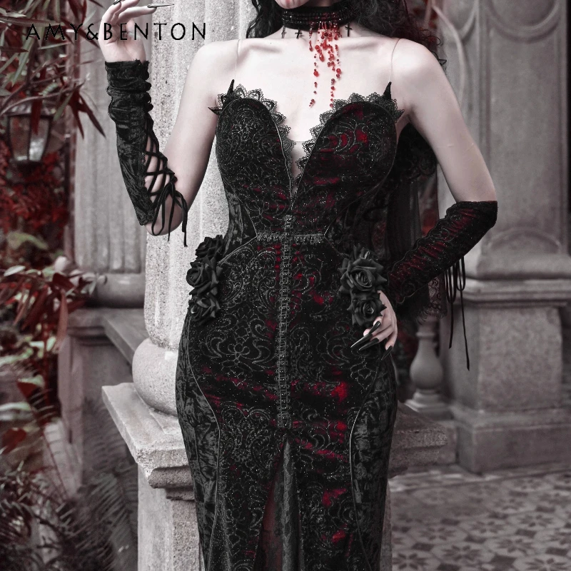 

Original Design Goth Love Velvet Women's Dress 2025 Spring Autumn New Black Lace Hollow Sexy Tube Top Fishtail Dresses Ladies