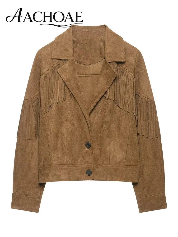AACHOAE Women Faux Suede Fringe Jacket Western Style Lapel Long Sleeve Loose Short Coat Vintage Casual Cowboy Tassel Outerwear