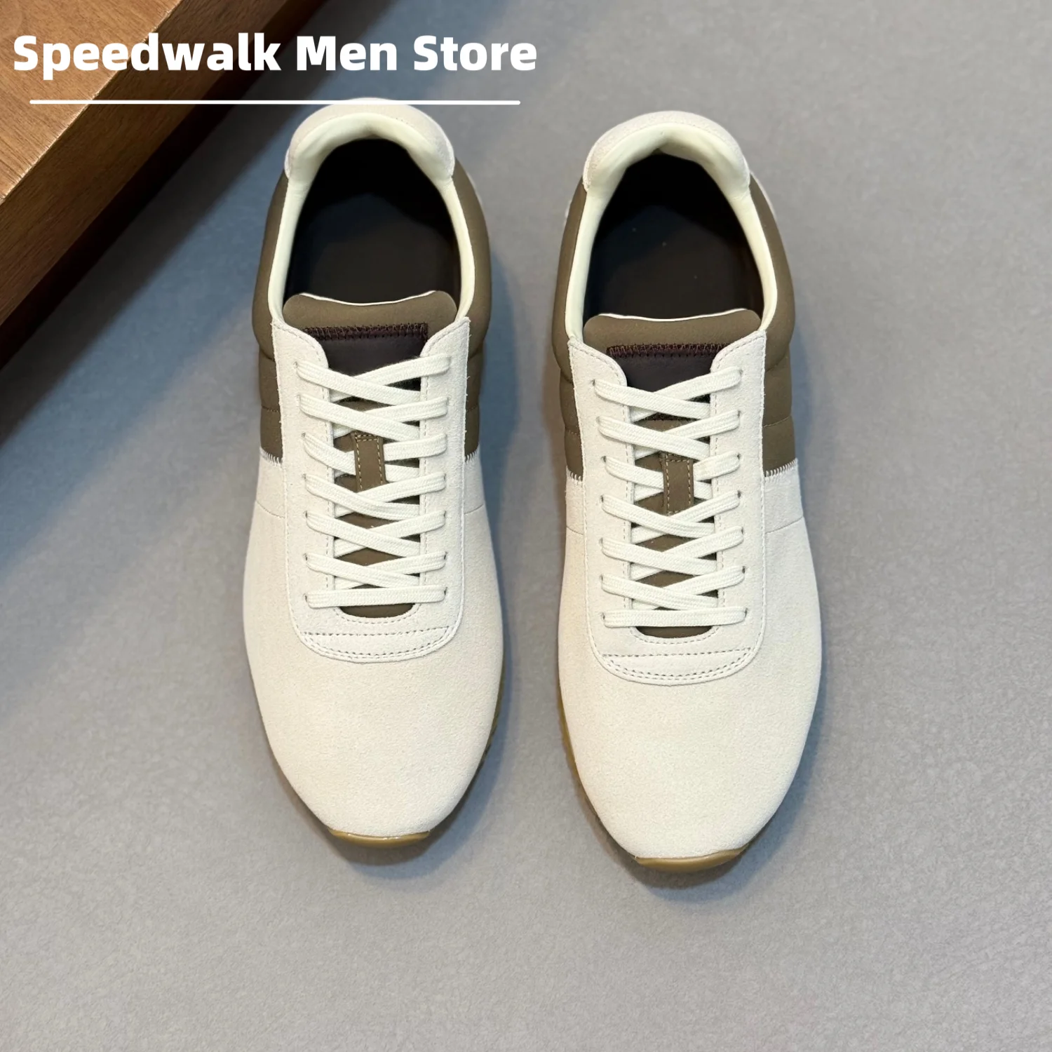 Men Slim Retro Lace Up Sneakers Two Tone Suede Fabric Splicing Anti Slip Rubber Sole Business Casual Daily Walking Shoes