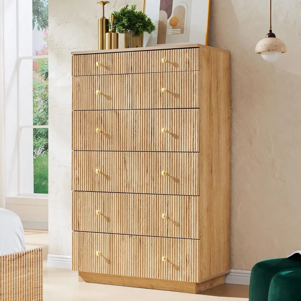 

7-Drawer Bedroom Storage Unit with 48 Tall Wooden Dressers and Chest, Metal Handles, Natural Wood Organizer for Hall/Living Room