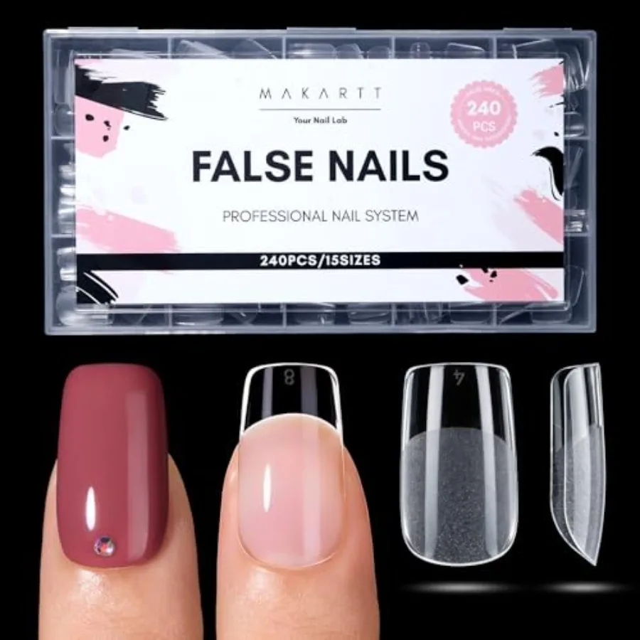 

Short Square Nail Tips: 240PCS, 15 Sizes, Pre Shaped Clear Acrylic Fake Nails- Full Cover Half Matte Soft Press On Nail Extensi