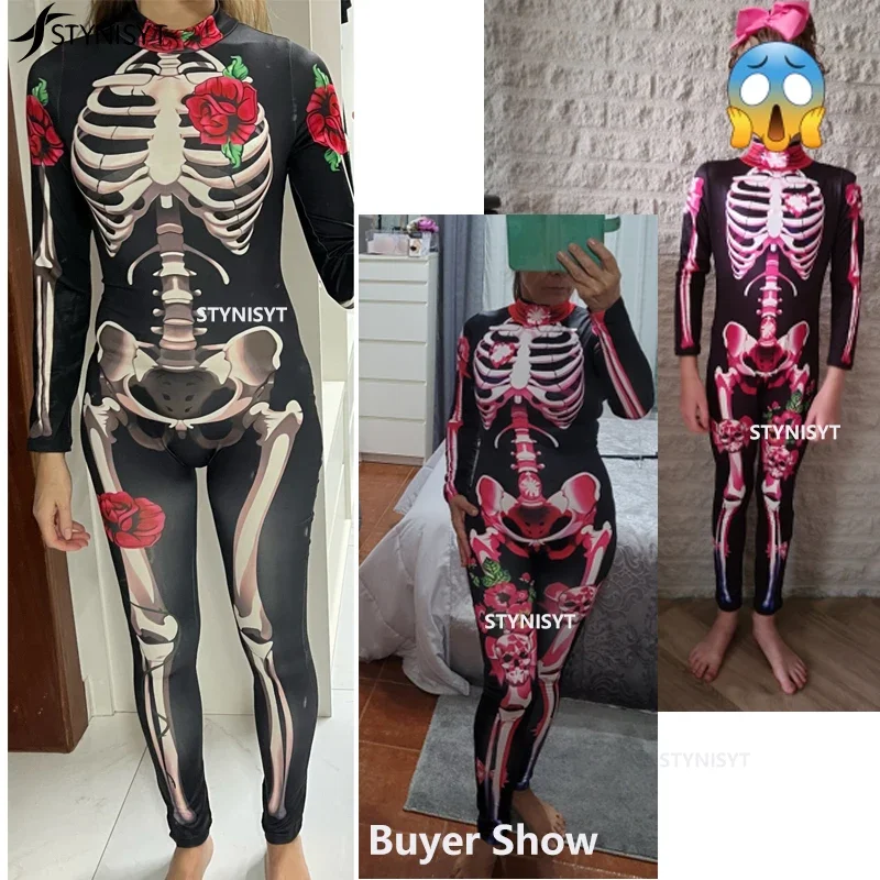 Adult Sexy Women Scary Ghost Costume Rose Skeleton Halloween Sexy Devil  Jumpsuit Kids Baby Girl Carnival Party Day of The Dead