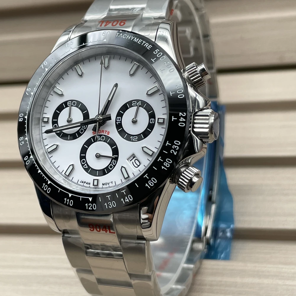 Luxury 40mm Panda VK63 Movement Sapphire Mirror Unmarked 904L Stainless Steel Strap Multifunctional Chronograph Quartz Watch