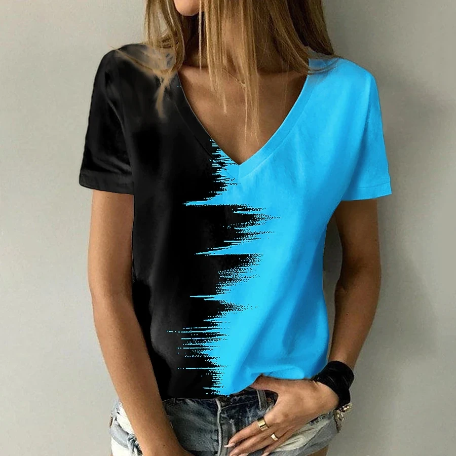 Summer Women\'s Fashion Abstract 3D Printed Painting T Shirt Color Block Print V Neck Basic Tops Loose Shirt fashion Pullover