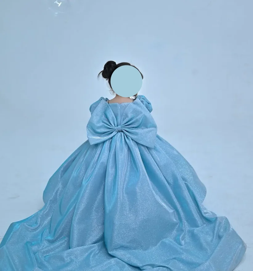 Sequin Satin Flower Girls Dress Big Back Bow Blue Birthday Dresses Luxury 2026 For Kids Pleated Short Sleeve Wedding Party Gown